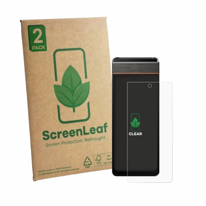 Face avant d’un emballage produit avec le logo de la marque ScreenLeaf. À côté, l’appareil Sunmi V3e est représenté avec la pr