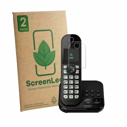 Face avant d’un emballage produit avec le logo de la marque ScreenLeaf. À côté, l’appareil Panasonic KX-TGC460 est représenté 
