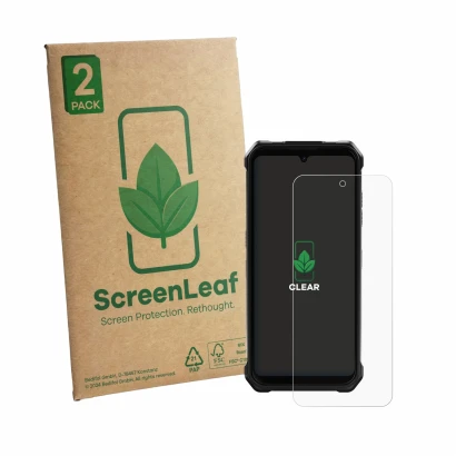 Face avant d’un emballage produit avec le logo de la marque ScreenLeaf. À côté, l’appareil Fossibot F110L est représenté avec 