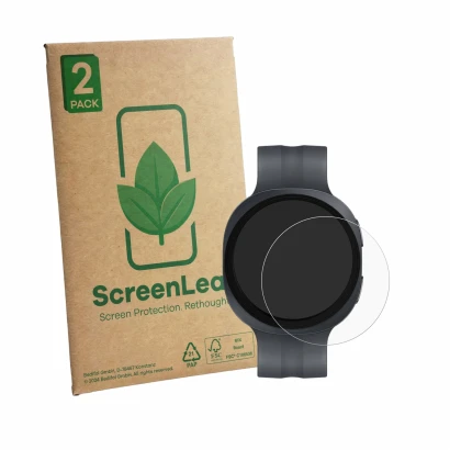 Face avant d’un emballage produit avec le logo de la marque ScreenLeaf. À côté, l’appareil Samsung Galaxy Watch 9 (44 mm) est 