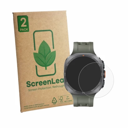 Face avant d’un emballage produit avec le logo de la marque ScreenLeaf. À côté, l’appareil Samsung Galaxy Watch Ultra 2 (47 mm