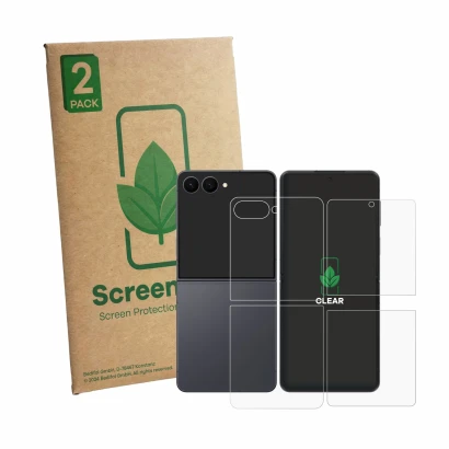 Face avant d’un emballage produit avec le logo de la marque ScreenLeaf. À côté, l’appareil Samsung Galaxy Z Flip 8 (Avant+Arri