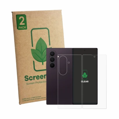 Face avant d’un emballage produit avec le logo de la marque ScreenLeaf. À côté, l’appareil Samsung Galaxy Z Fold 8 Ultra (Avan