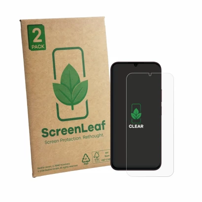 Face avant d’un emballage produit avec le logo de la marque ScreenLeaf. À côté, l’appareil OnePlus N6X est représenté avec la 