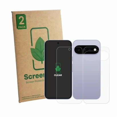 Face avant d’un emballage produit avec le logo de la marque ScreenLeaf. À côté, l’appareil Google Pixel 11 (Avant+Arrière) est