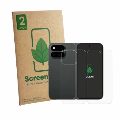 Face avant d’un emballage produit avec le logo de la marque ScreenLeaf. À côté, l’appareil Google Pixel 11 Pro Fold (Avant+Arr