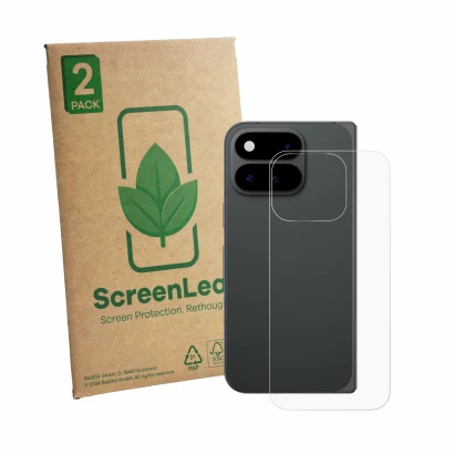 Face avant d’un emballage produit avec le logo de la marque ScreenLeaf. À côté, l’appareil Google Pixel 11 Pro Fold (Arrière) 