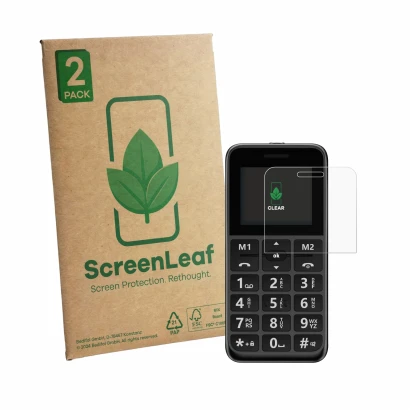 Face avant d’un emballage produit avec le logo de la marque ScreenLeaf. À côté, l’appareil Peaq PMP 92 est représenté avec la 