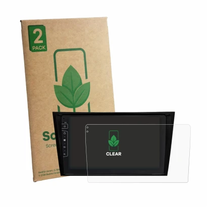 Face avant d’un emballage produit avec le logo de la marque ScreenLeaf. À côté, l’appareil Dynavin D10-W211 Premium est représ