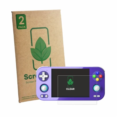 Face avant d’un emballage produit avec le logo de la marque ScreenLeaf. À côté, l’appareil Anbernic RG 476H est représenté ave