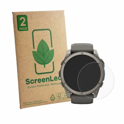Face avant d’un emballage produit avec le logo de la marque ScreenLeaf. À côté, l’appareil Garmin Fenix 9 (51 mm) est représen