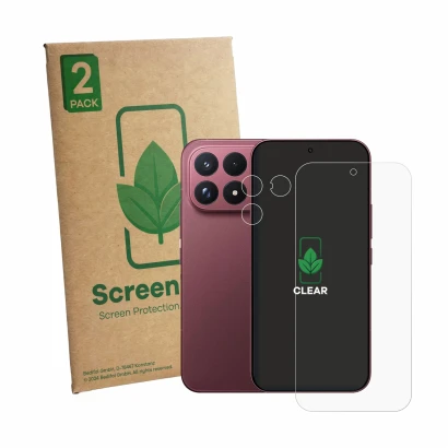 Face avant d’un emballage produit avec le logo de la marque ScreenLeaf. À côté, l’appareil Xiaomi Poco F9 Ultra (Avant+Caméra)