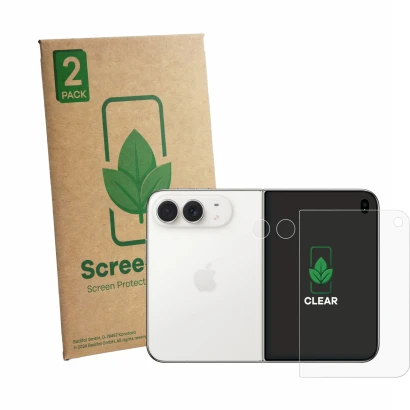 Face avant d’un emballage produit avec le logo de la marque ScreenLeaf. À côté, l’appareil Apple iPhone Duo (Avant+Caméra) est