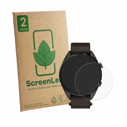 Face avant d’un emballage produit avec le logo de la marque ScreenLeaf. À côté, l’appareil Garmin Approach S72 43 mm est repré