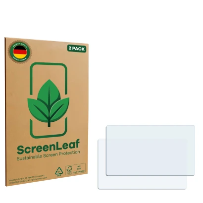 Face avant d’un emballage produit avec le logo de la marque ScreenLeaf. À côté se trouve la protection d’écran correspondante.