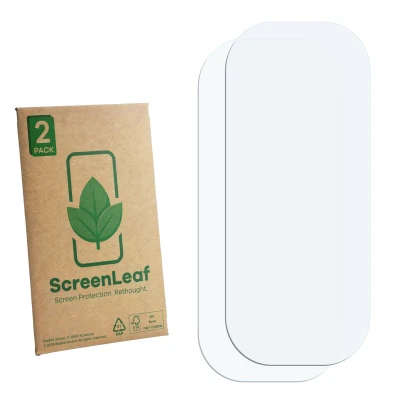 Face avant d’un emballage produit avec le logo de la marque ScreenLeaf. À côté se trouve la protection d’écran correspondante.