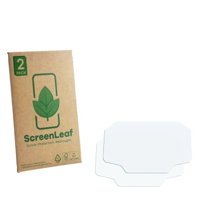 Face avant d’un emballage produit avec le logo de la marque ScreenLeaf. À côté se trouve la protection d’écran correspondante.