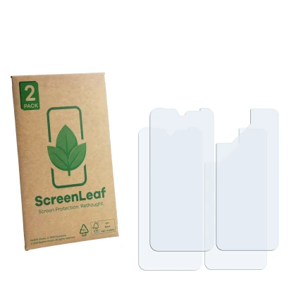 Face avant d’un emballage produit avec le logo de la marque ScreenLeaf. À côté se trouve la protection d’écran correspondante.