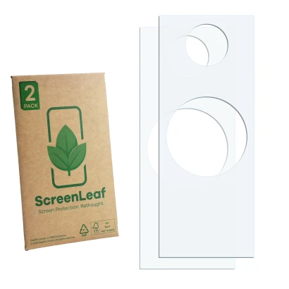 Face avant d’un emballage produit avec le logo de la marque ScreenLeaf. À côté se trouve la protection d’écran correspondante.