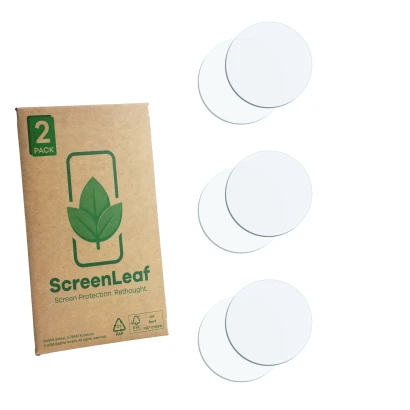 Face avant d’un emballage produit avec le logo de la marque ScreenLeaf. À côté se trouve la protection d’écran correspondante.
