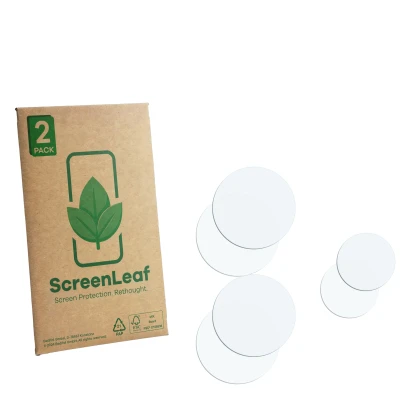 Face avant d’un emballage produit avec le logo de la marque ScreenLeaf. À côté se trouve la protection d’écran correspondante.