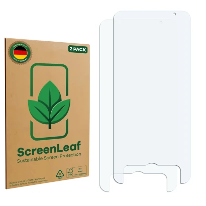 Face avant d’un emballage produit avec le logo de la marque ScreenLeaf. À côté se trouve la protection d’écran correspondante.