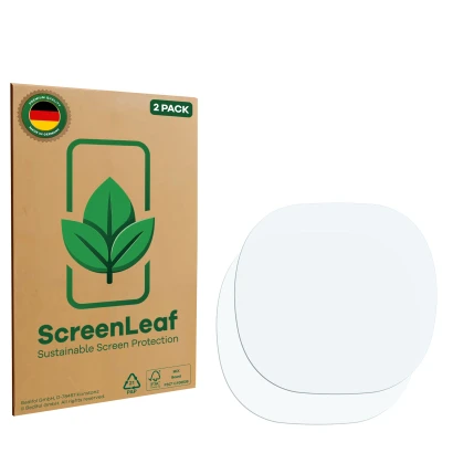 Face avant d’un emballage produit avec le logo de la marque ScreenLeaf. À côté se trouve la protection d’écran correspondante.