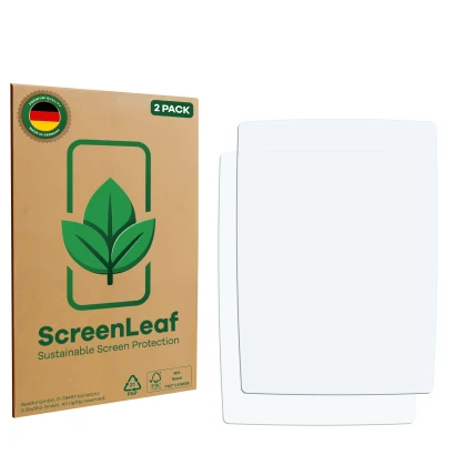 Face avant d’un emballage produit avec le logo de la marque ScreenLeaf. À côté se trouve la protection d’écran correspondante.