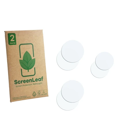 Face avant d’un emballage produit avec le logo de la marque ScreenLeaf. À côté se trouve la protection d’écran correspondante.