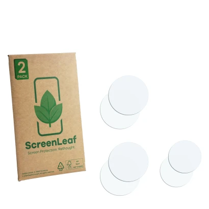 Face avant d’un emballage produit avec le logo de la marque ScreenLeaf. À côté se trouve la protection d’écran correspondante.
