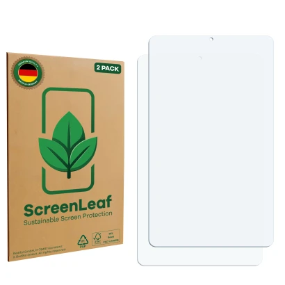 Face avant d’un emballage produit avec le logo de la marque ScreenLeaf. À côté se trouve la protection d’écran correspondante.