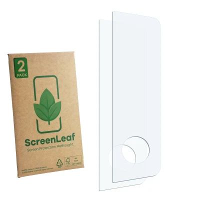Face avant d’un emballage produit avec le logo de la marque ScreenLeaf. À côté se trouve la protection d’écran correspondante.