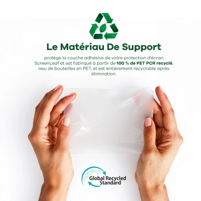 Informations sur le matériau support recyclé, composé à 100 % de PET PCR recyclé. En bas se trouve le logo du "Global Recycled
