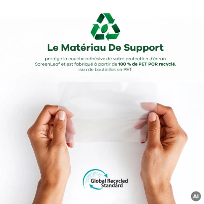 Informations sur le matériau support recyclé, composé à 100 % de PET PCR recyclé. En bas se trouve le logo du "Global Recycled