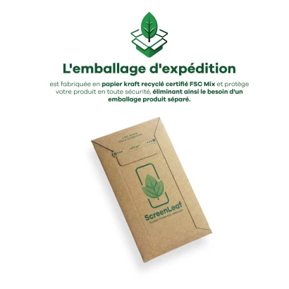 Informations sur l'enveloppe d'expédition, fabriquée en papier kraft recyclé certifié FSC. L'emballage est également représent