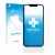 Face avant d’un emballage produit avec le logo de la marque upscreen. À côté, l’appareil Apple iPhone 13 mini est représenté a