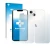 Face avant d’un emballage produit avec le logo de la marque upscreen. À côté, l’appareil Apple iPhone 13 (Avant+Arrière) est r