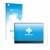 Face avant d’un emballage produit avec le logo de la marque upscreen. À côté, l’appareil Lenovo ThinkVision M14t Gen 2 est rep