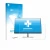 Face avant d’un emballage produit avec le logo de la marque upscreen. À côté, l’appareil HP Serie 5 Pro 524pf est représenté a