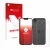 Face avant d’un emballage produit avec le logo de la marque upscreen. À côté, l’appareil Apple iPhone 16e (Avant+Arrière) est 