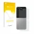 Face avant d’un emballage produit avec le logo de la marque upscreen. À côté, l’appareil Samsung Galaxy Z Flip 6 (Arrière) est