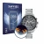 Face avant d’un emballage produit avec le logo de la marque Savvies. À côté, l’appareil TAG Heuer Carrera (45 mm) est représen