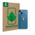 Face avant d’un emballage produit avec le logo de la marque ScreenLeaf. À côté, l’appareil Apple iPhone 13 mini (Arrière) est 